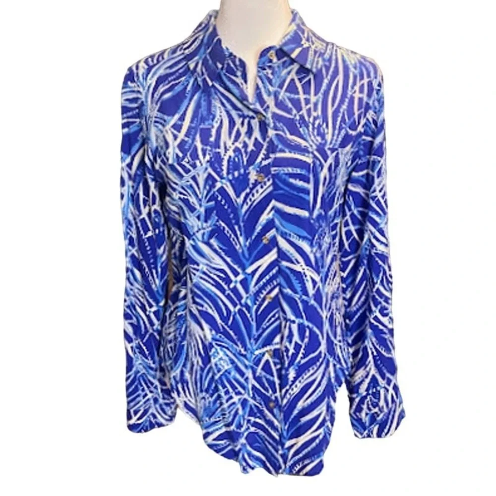 Lilly Pulitzer Button Up Blouse Womens XS Blue‎ Excellent Tropical Palm Print